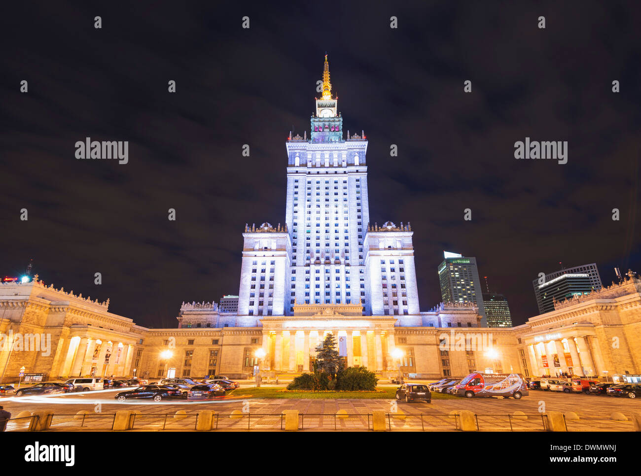 Palace of Culture and Science at night, Warsaw, Poland, Europe Stock Photo