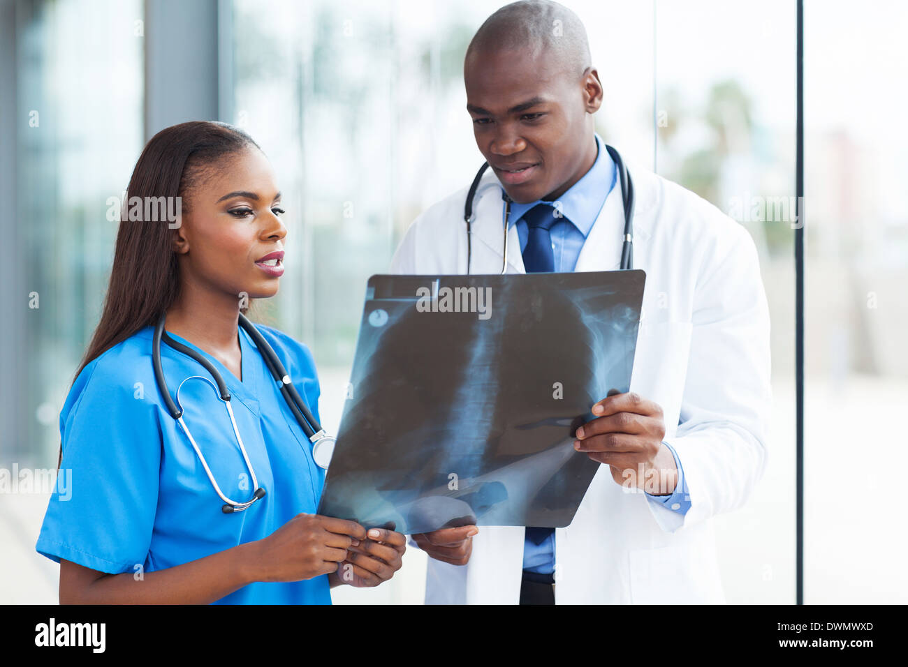 successful African American medical workers studying patient's x-ray Stock Photo
