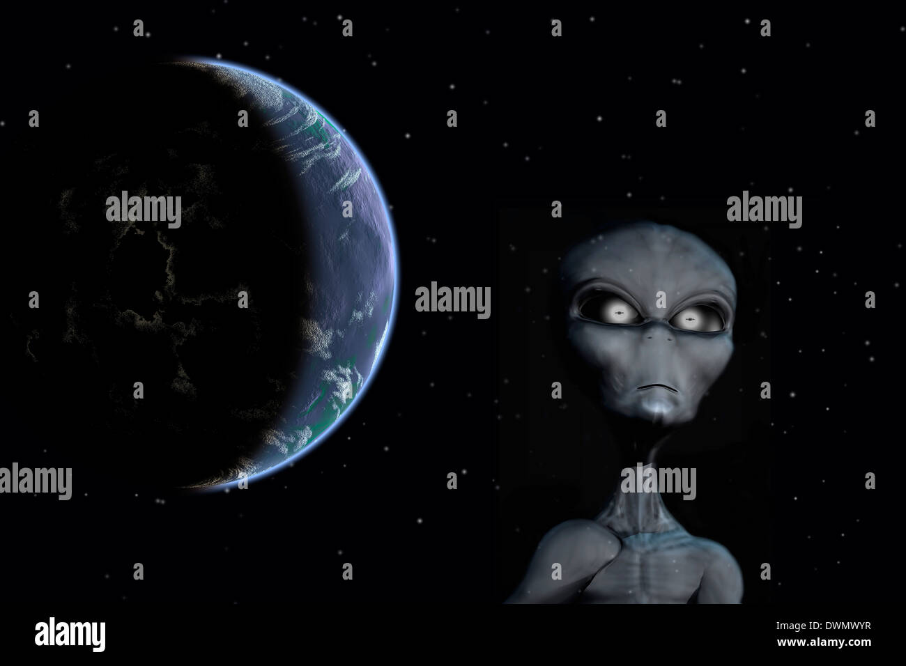 A Grey Alien , With The Earth In The Background. Stock Photo