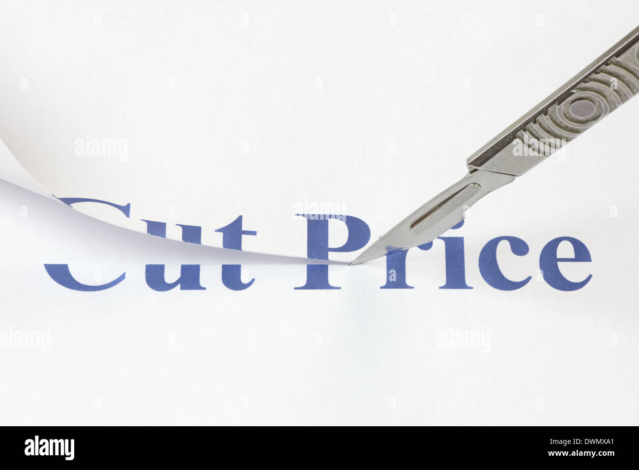 A scalpel cutting through the words Cut Price. Concept denoting price