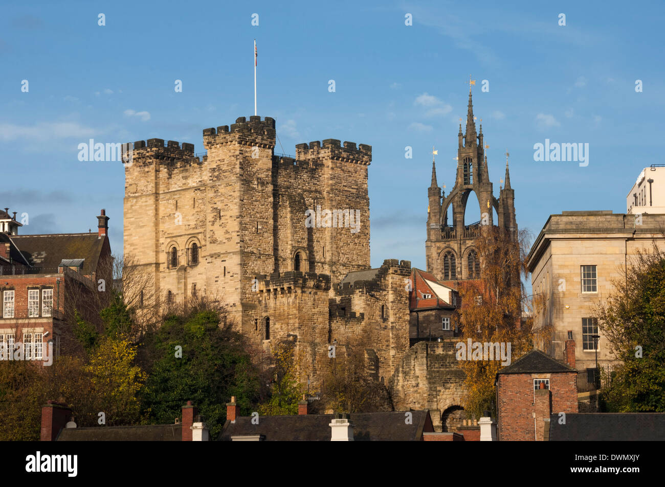 The 12th century Norman Castle Keep, and the Lantern of the Cathedral Church of St. Nicholas, Newcastle upon Tyne, England, UK Stock Photo