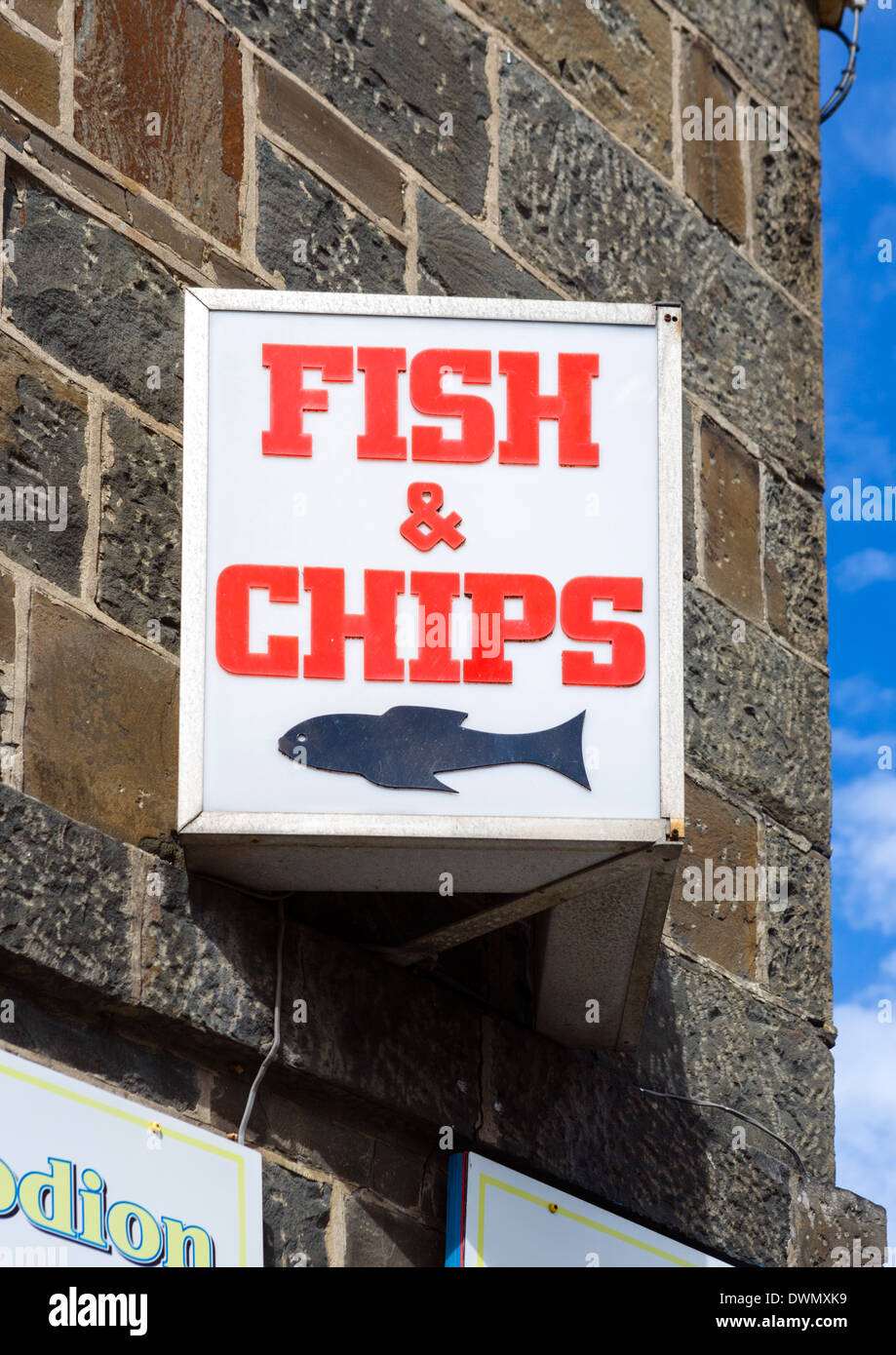 Fish and Chip Shop sign in New Quay, Ceredigion, West Wales, UK Stock Photo