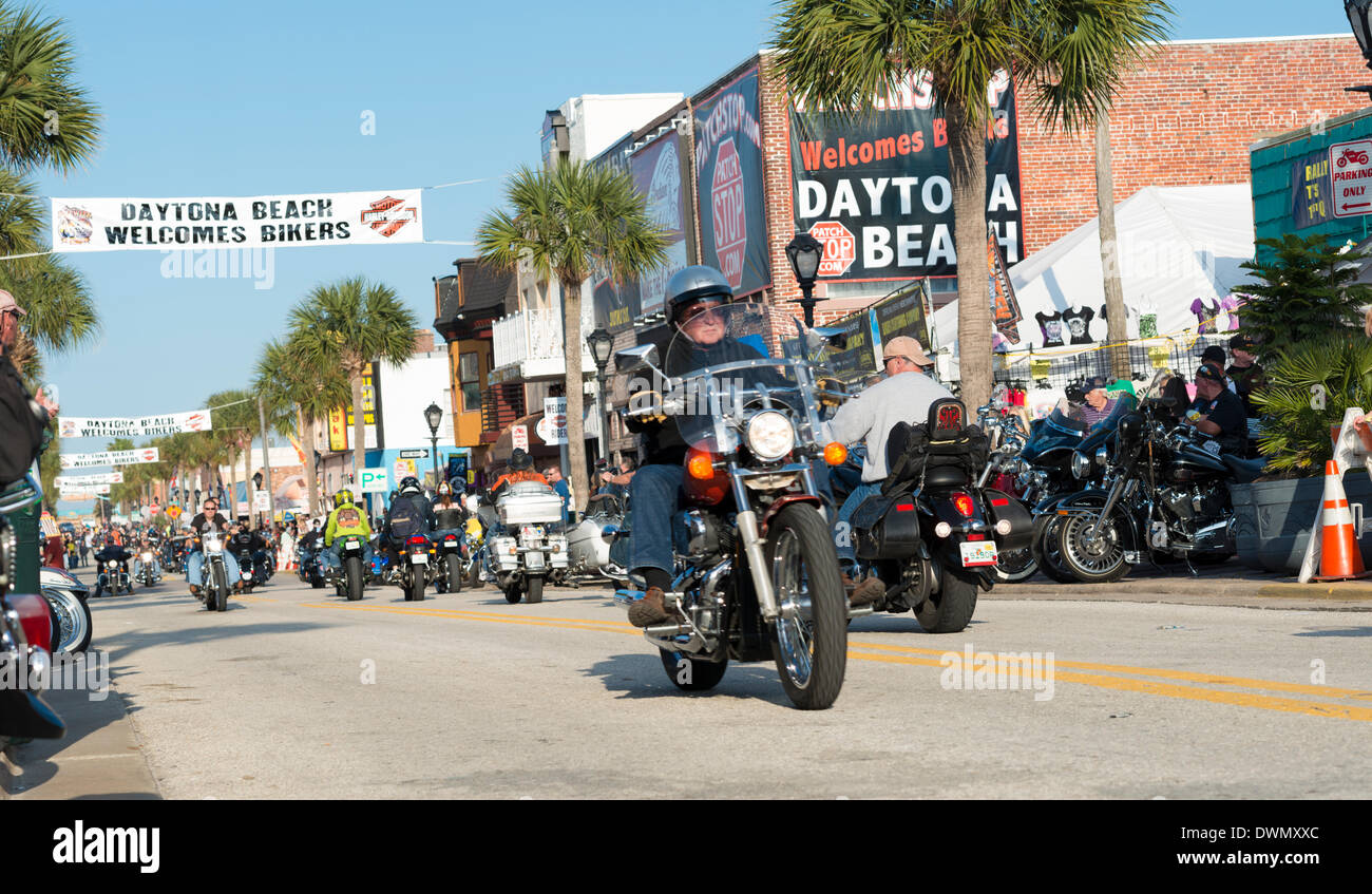 Daytona Beach, Florida, USA, March 9, 2014.  Hundreds of thousands of bikers gather for Daytona Beach Bike Week. With over 70 year history, this granddaddy of motorcycle festivals brings bikers, gearheads & Wannabes (want-to-be real biker) from all the country. Activities spilling over to surrounding Central Florida cities, Bike Week attracts bikers wearing leathers, do-rags, features concerts & bikini contests Credit:  Mary Kent/Alamy Live News Stock Photo