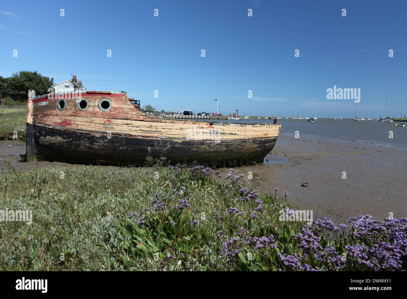 Old abandoned wooden boat on the river Ore, near Orford Quay, Suffolk Stock Photo