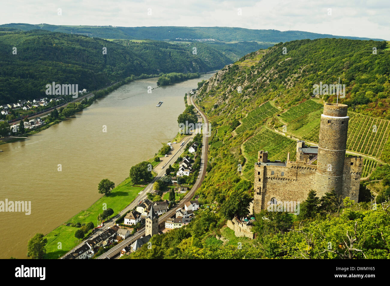 Castle Maus and River Rhine, Rhineland-Palatinate, Germany, Europe Stock Photo