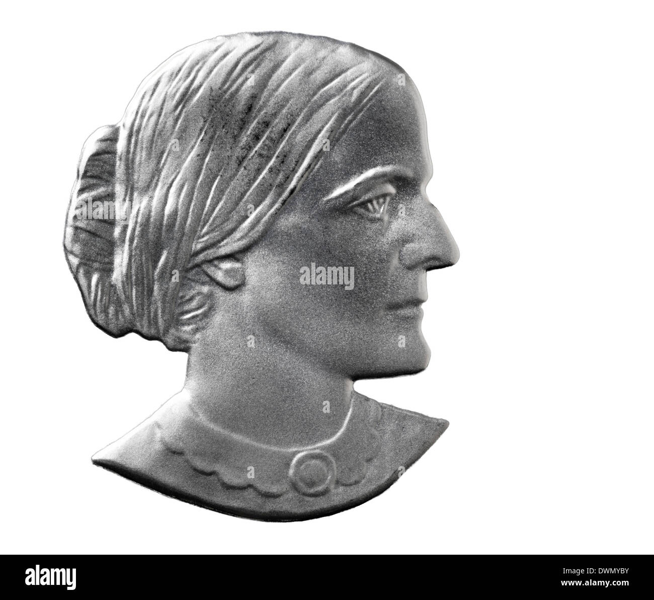 Portrait of Susan B. Anthony, from 1 Dollar coin, USA, 1981, on white background Stock Photo