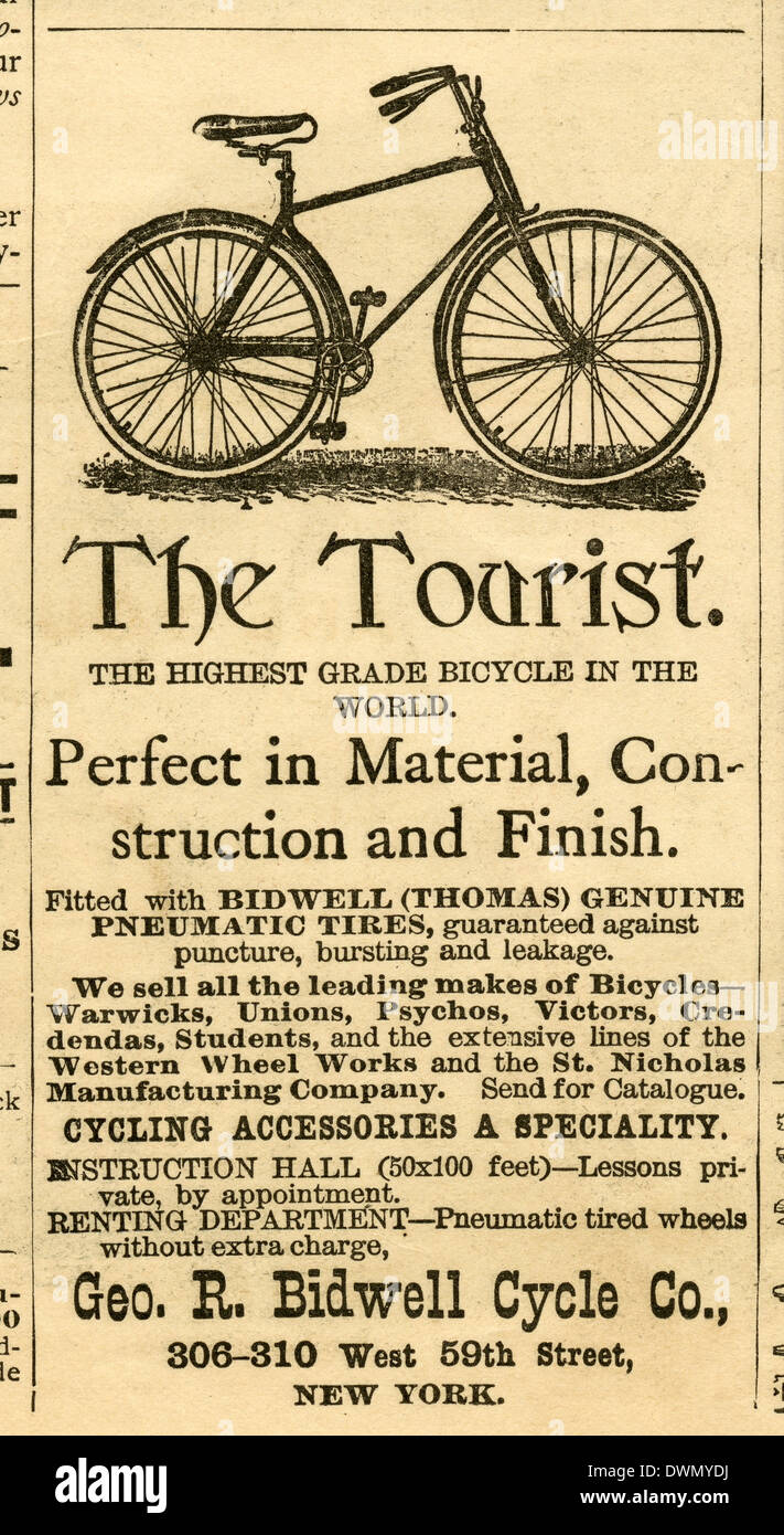 1892 advertisement, The Tourist bicycle by George R. Bidwell Cycle Co of New York. Stock Photo