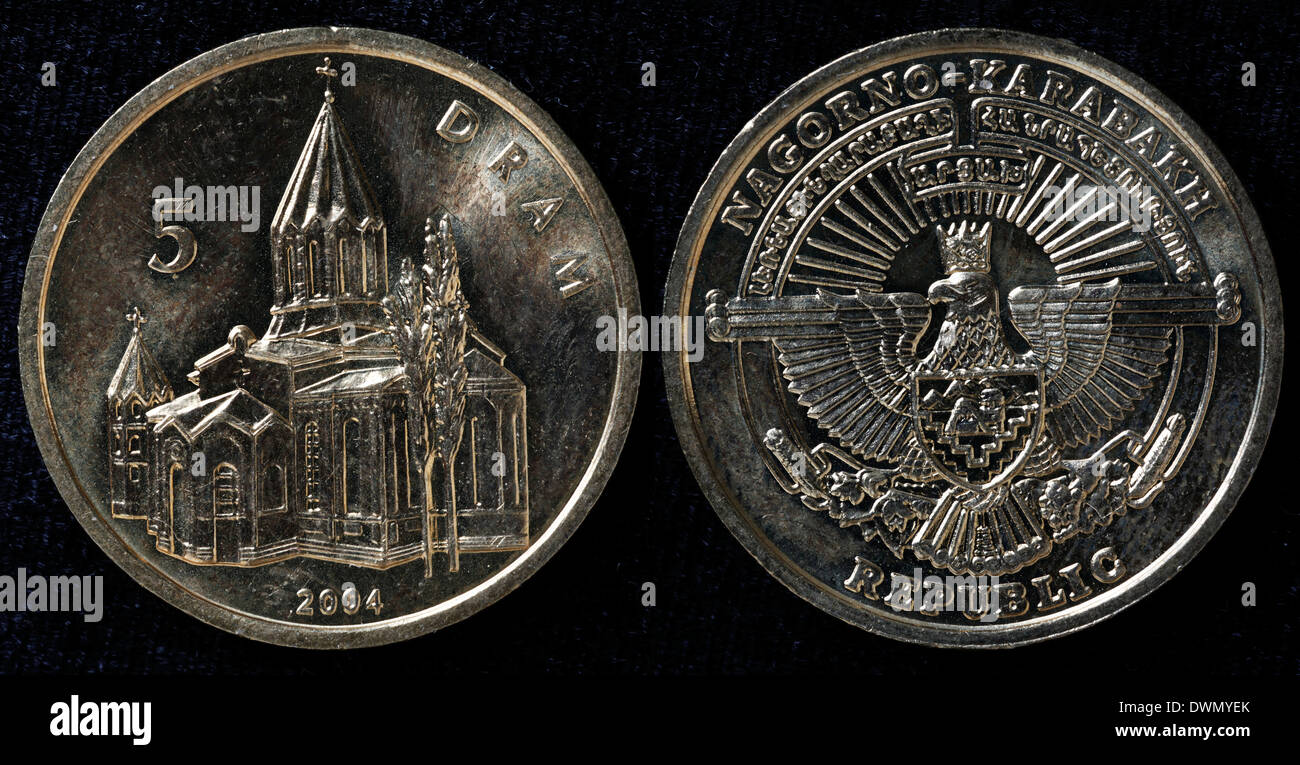 5 Dram coin, Church, Nagorno-Karabakh Republic, 2004 Stock Photo