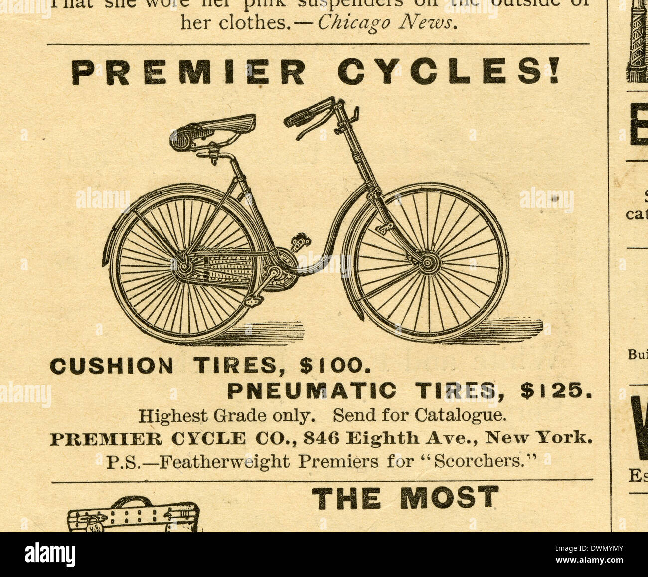 1892 advertisement, Premier Cycle Company of New York. Stock Photo