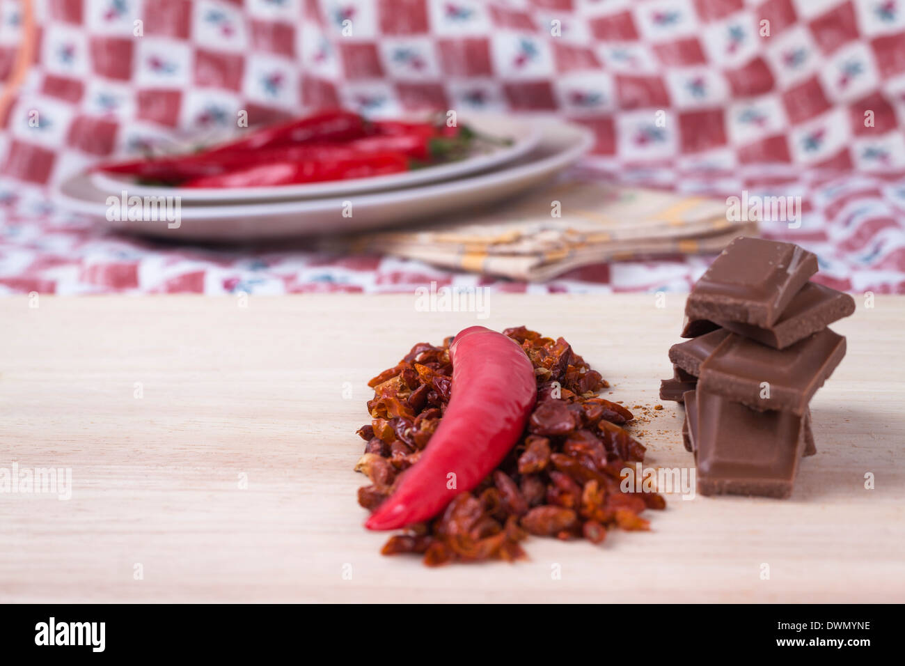 Red hot chili peppers and chocolate bars Stock Photo Alamy