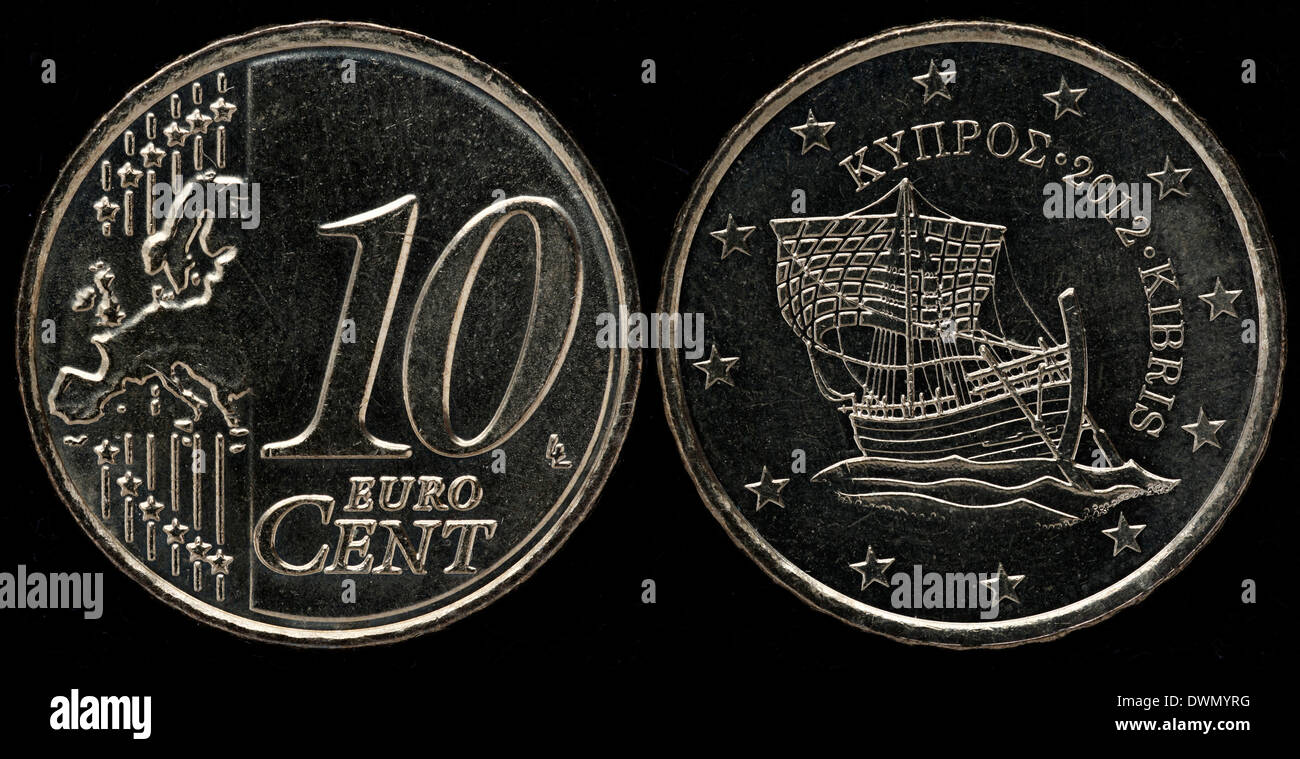 10 Euro cent coin, Kyrenia ship, Cyprus, 2012 Stock Photo