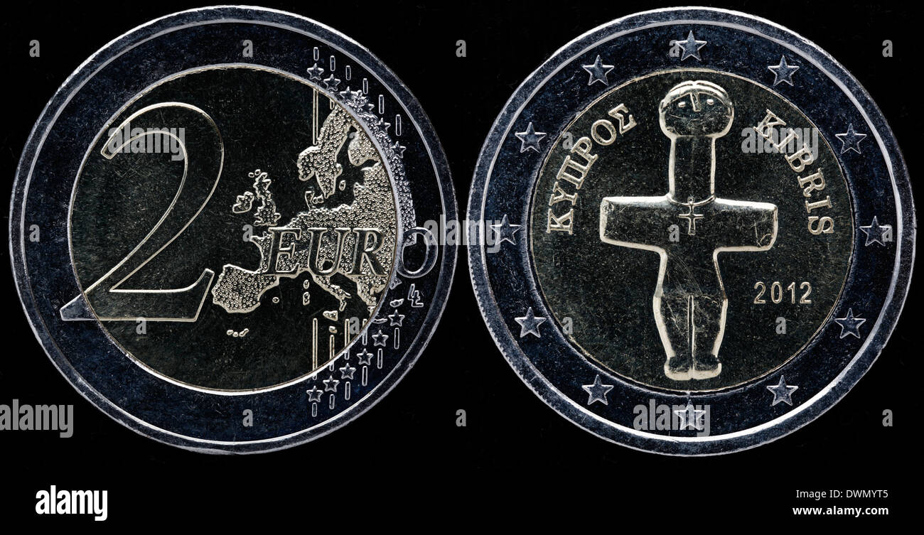 2 Euro coin, Idol of Pomos, Cyprus, 2012 Stock Photo