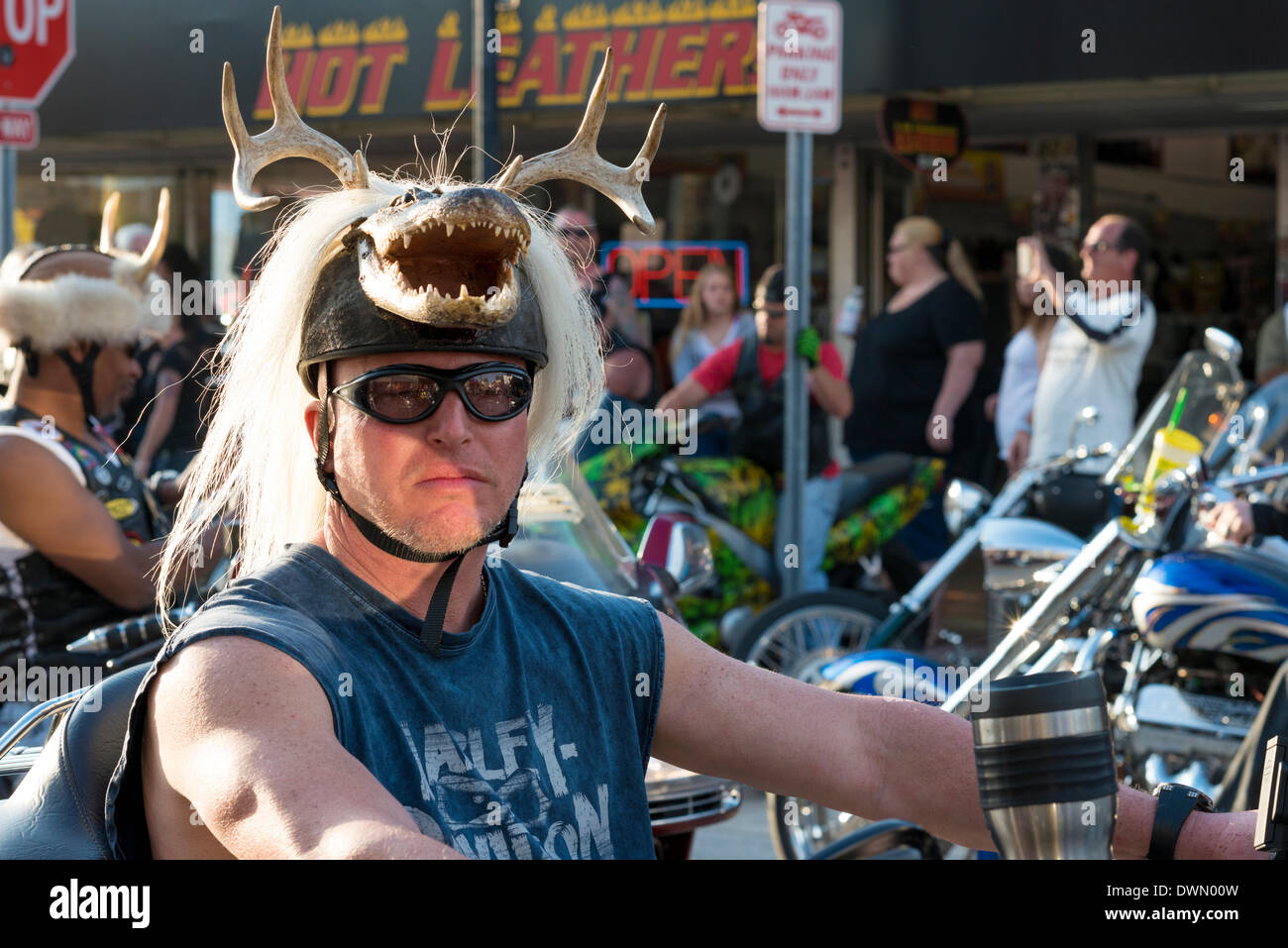 Daytona Beach, Florida, USA, March 9, 2014. Bikers gather at Daytona Beach Bike Week. Over 70 year history, this motorcycle festival brings bikers, gearheads & Wannabes (want-to-be real biker) from all USA. Activities spill to surrounding Central Florida cities, bikers wearing leathers, do-rags, features concerts & bikini contests. Stock Photo