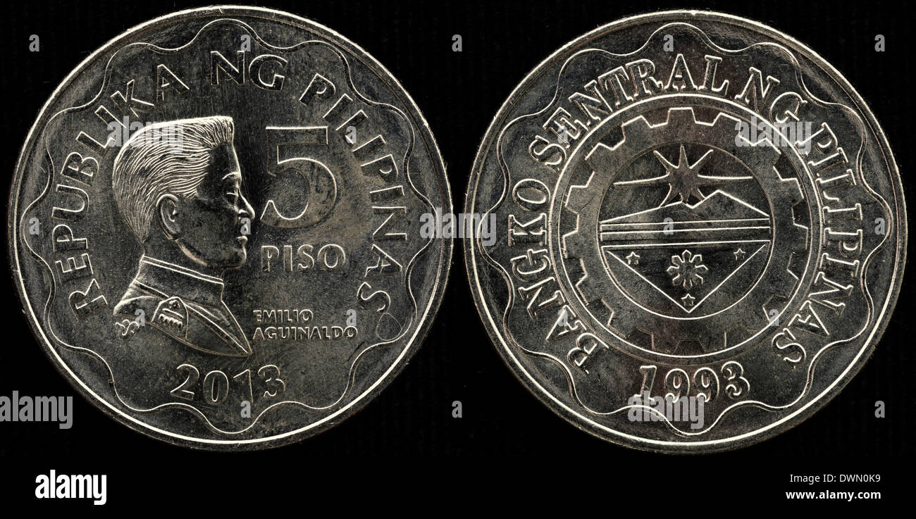 5 Piso coin, Emilio Aguinaldo, Philippines, 2013 Stock Photo