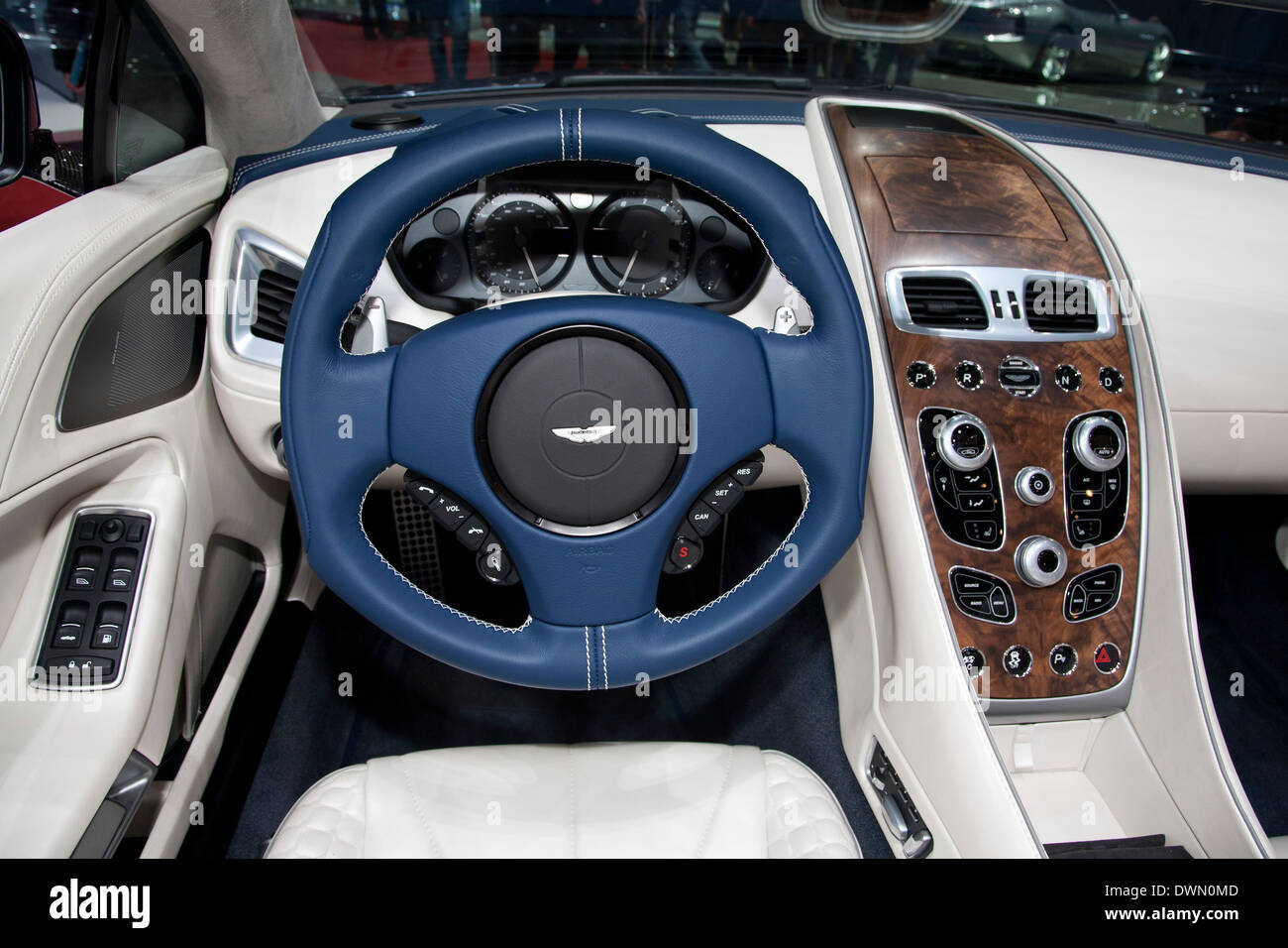 Aston Martin cockpit interior at the 84th Geneva International Motor Show 2014. Stock Photo