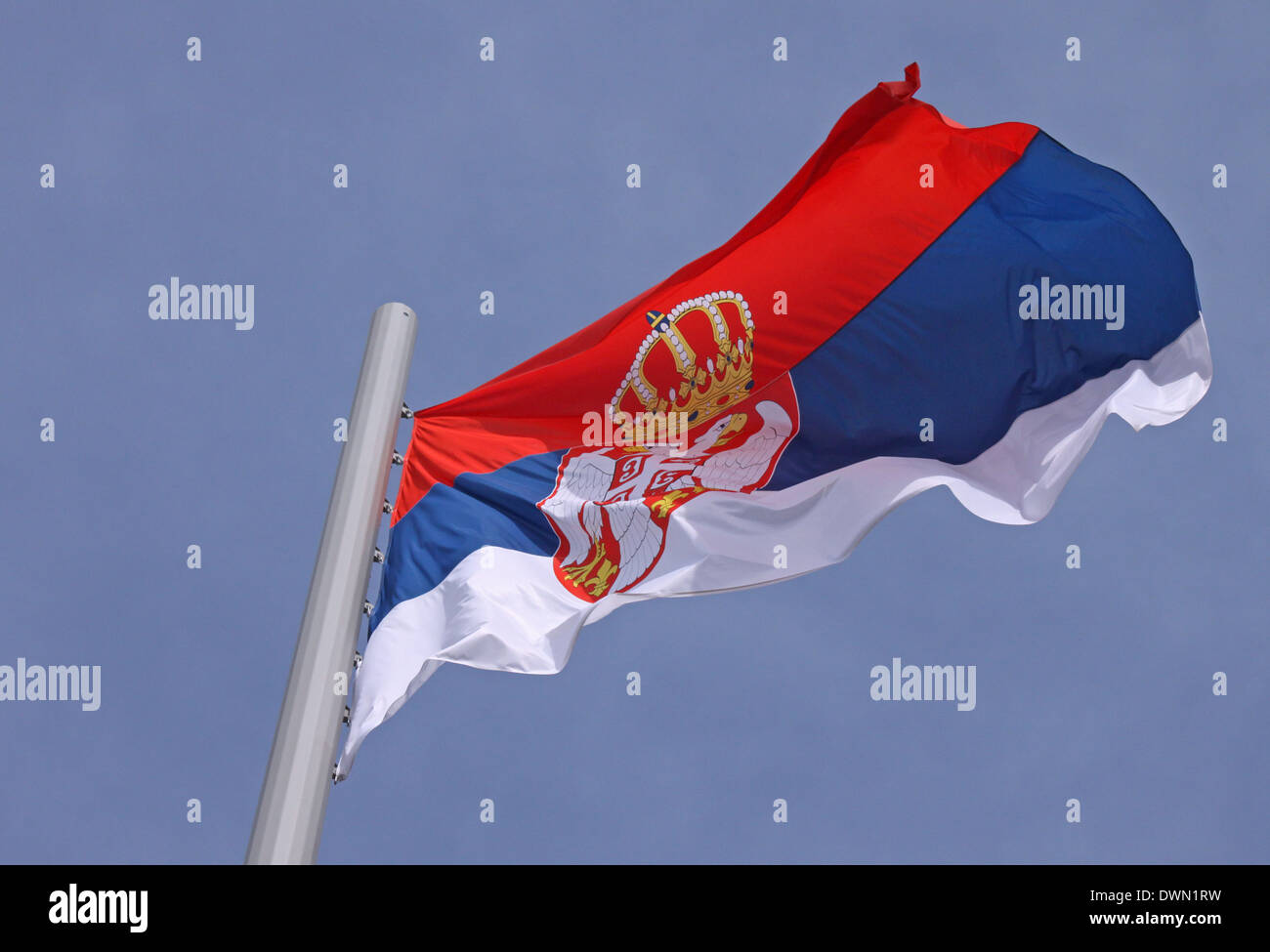 flag of Serbia over blue sky Stock Photo