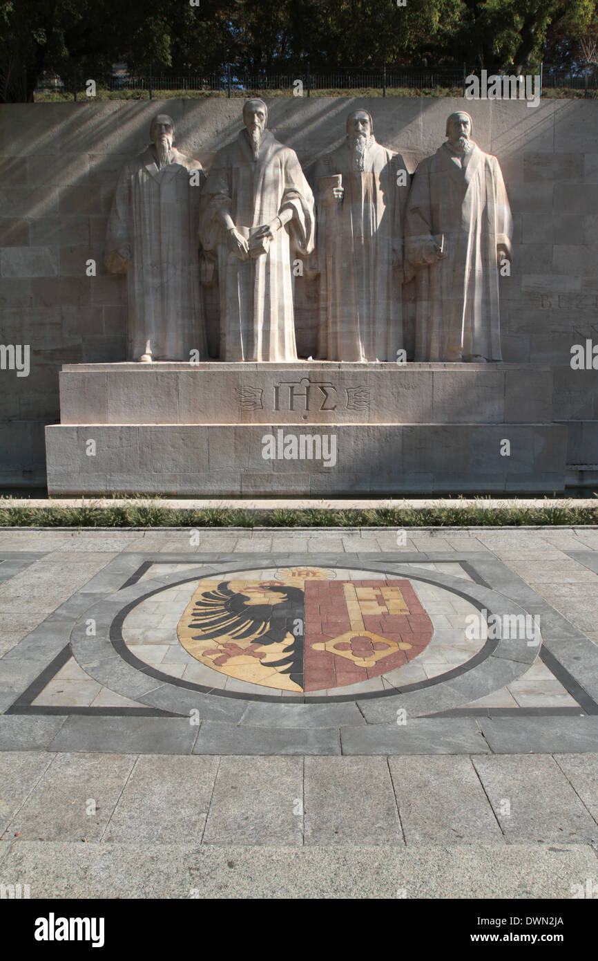 Emblem of Geneva, Reformation Wall, Geneva, Switzerland, Europe Stock Photo
