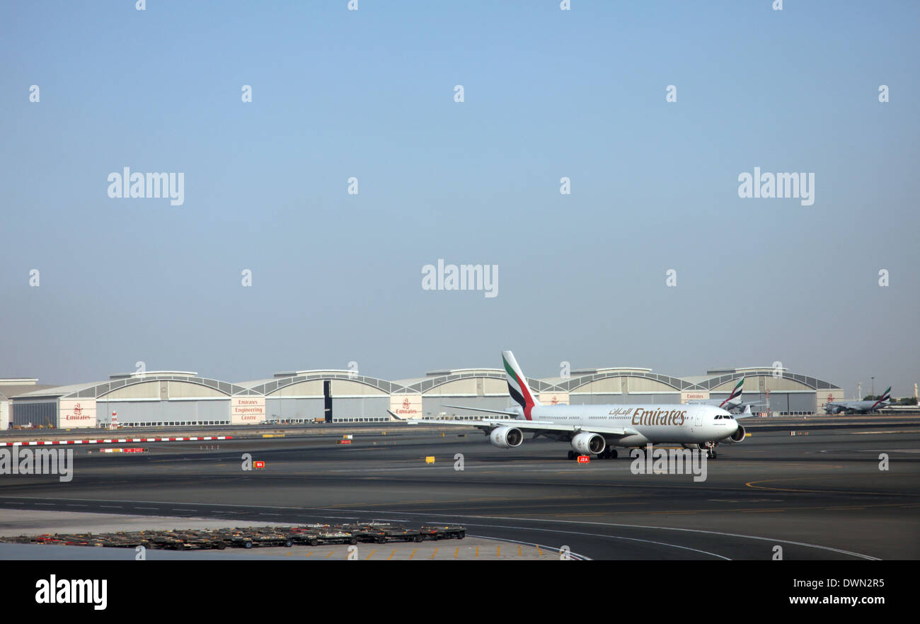 Emirates Airbus A340 at Dubai Airport on December 09, 2012 in Dubai, UAE Stock Photo