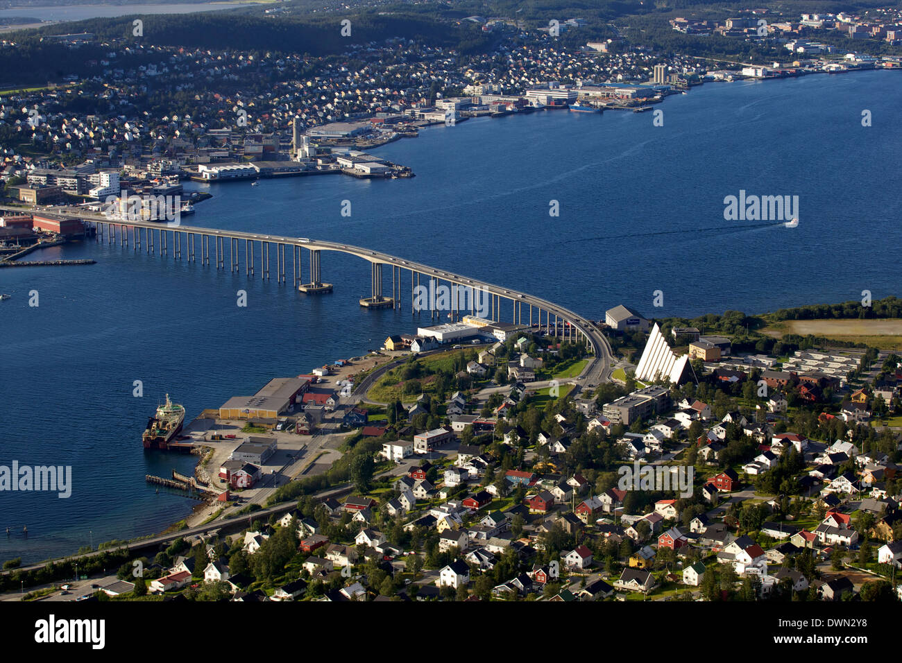 Aerial view over the Tromso River including the cathedral from top of Tromsoya city center of Tromso, Norway, Scandinavia Stock Photo