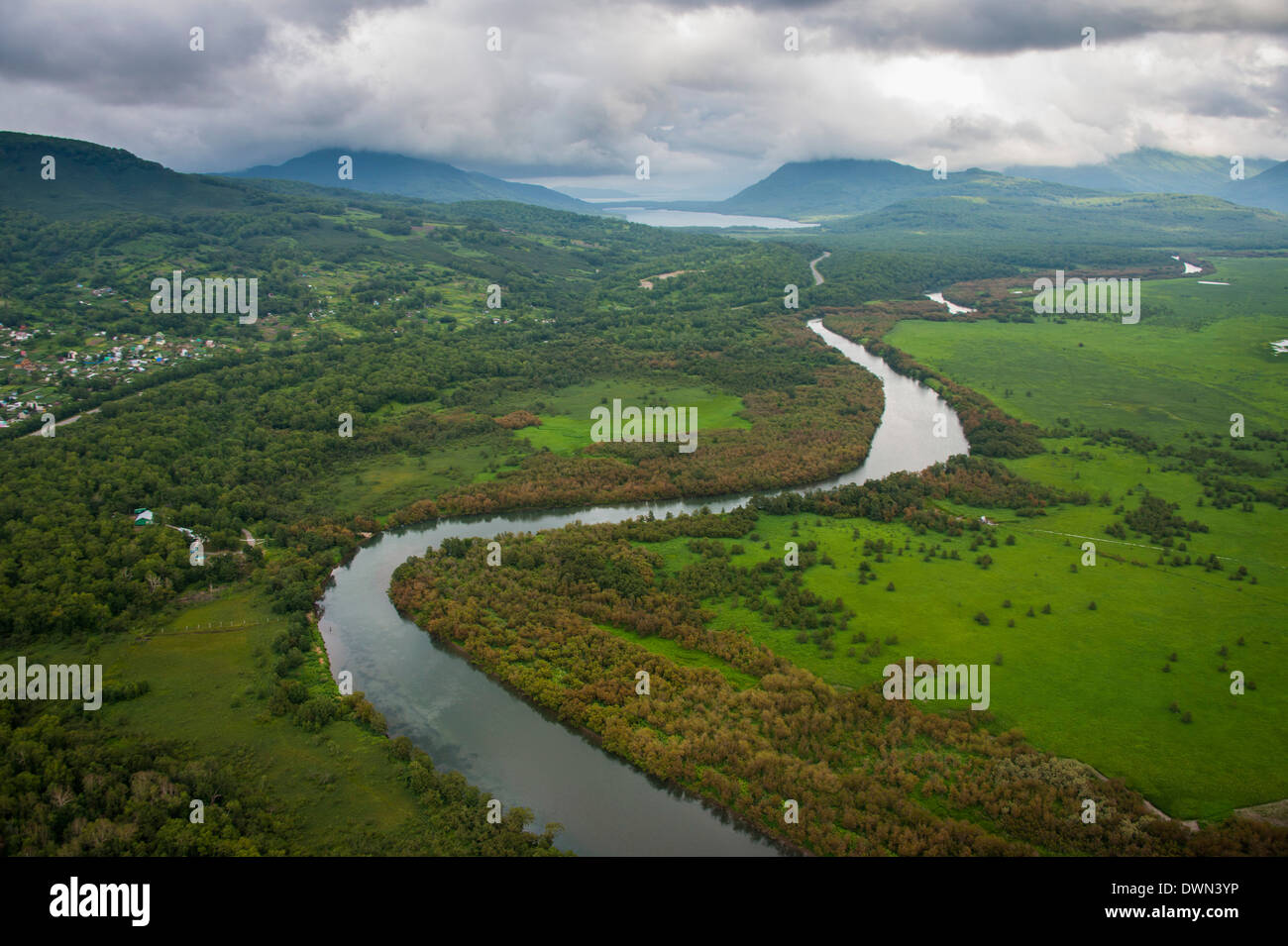 Aerial of a river bend in the untouched south of Kamchatka, Russia, Eurasia Stock Photo