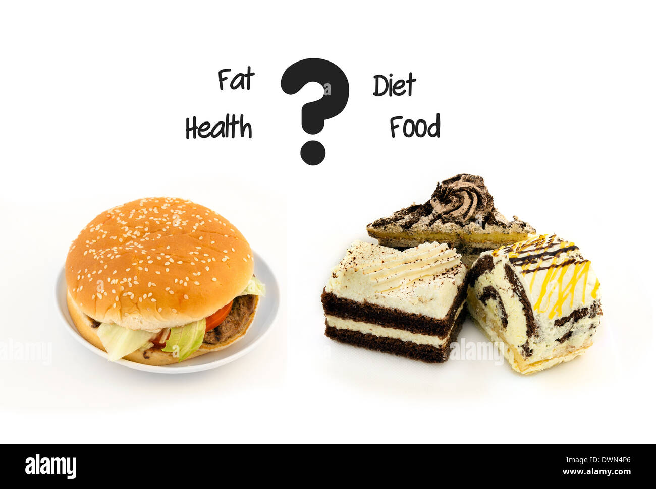 Unhealthy food. Cake with cream and fastfood hamburger Stock Photo Alamy