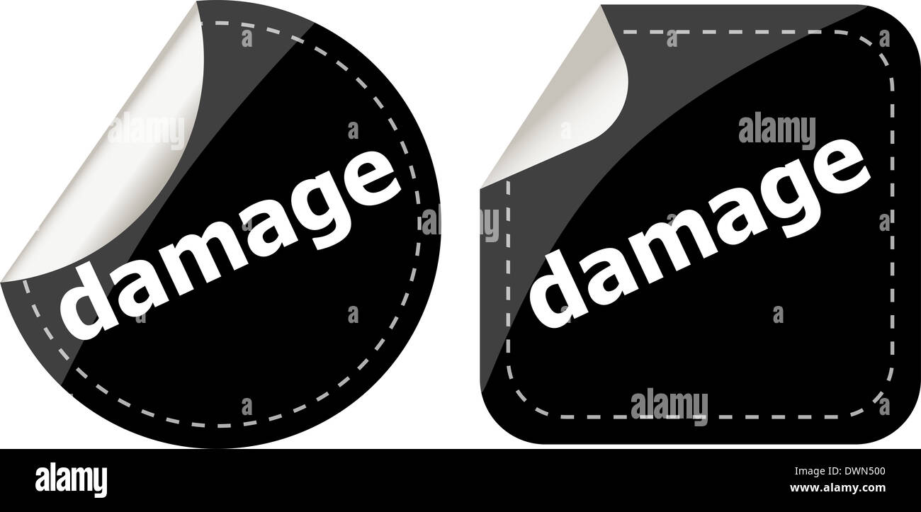 damage word on black stickers web button set, label, icon Stock Photo