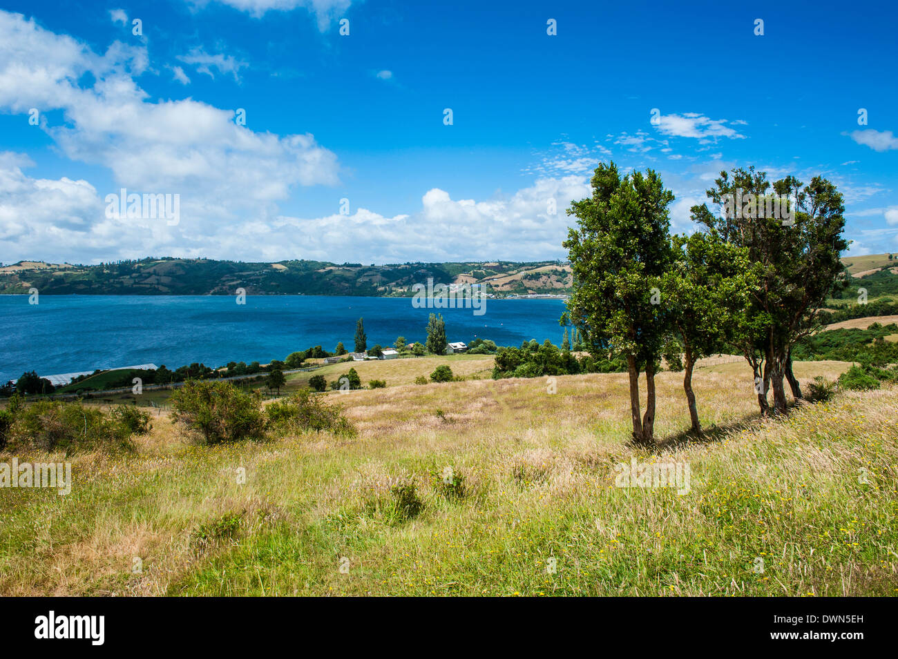 View over a bay in Chiloe, Chile, South America Stock Photo