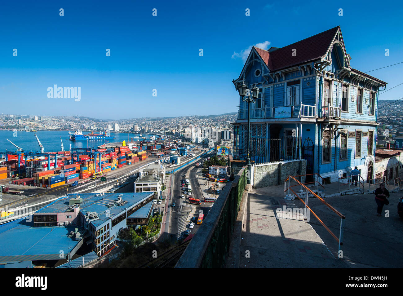 Old wooden villa overlooking the Historic Quarter, UNESCO World Heritage Site, Valparaiso, Chile, South America Stock Photo