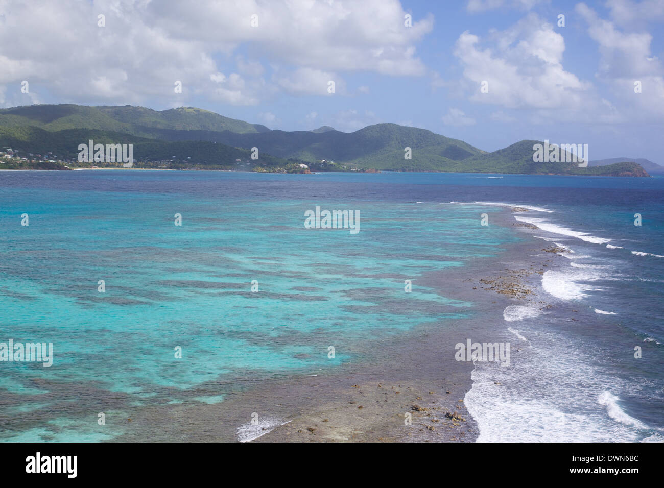 View over South Coast and coral reef, Antigua, Leeward Islands, West Indies, Caribbean, Central America Stock Photo
