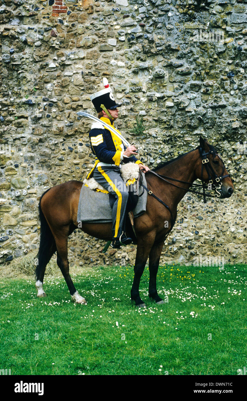 Sergeant, 12th Light Dragoons, 1815, historical re-enactment British soldier soldiers as deployed at the Battle of Waterloo, cavalry horse England UK military army uniform uniforms Stock Photo