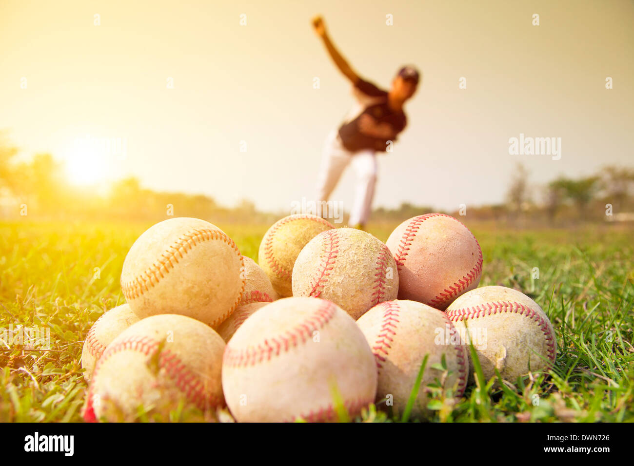 Baseball players to practice pitching outside.baseball concept Stock