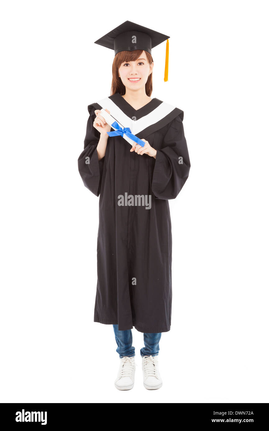 full length happy Young graduate girl student with diploma.isolated on white Stock Photo