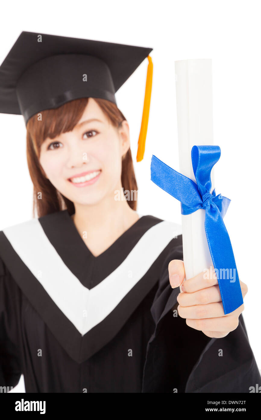Young graduate girl student holding and showing diploma.isolated on white Stock Photo