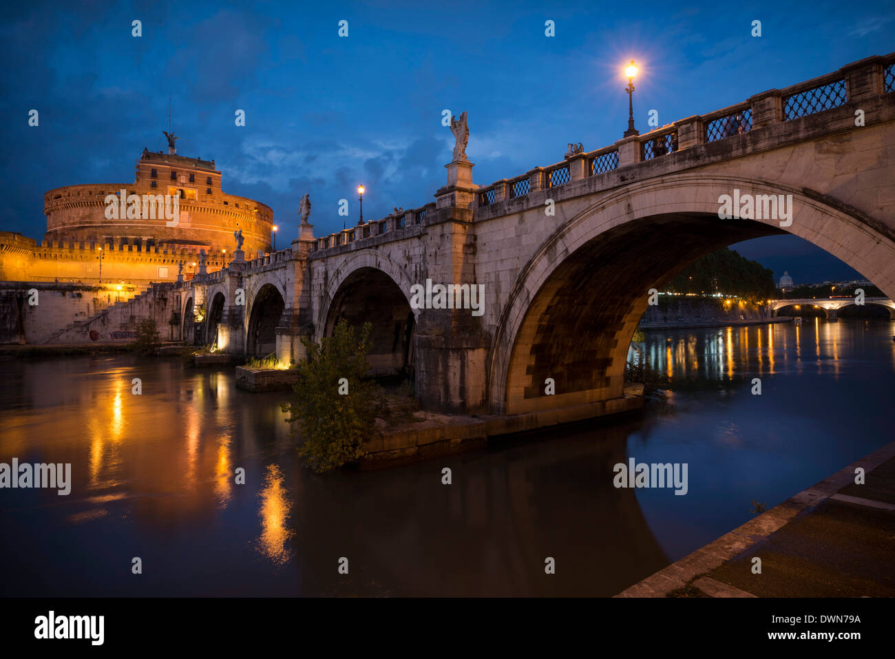Pont Sant' Angelo and Castel Sant' Angelo at dusk, Rome, Lazio, Italy, Europe Stock Photo