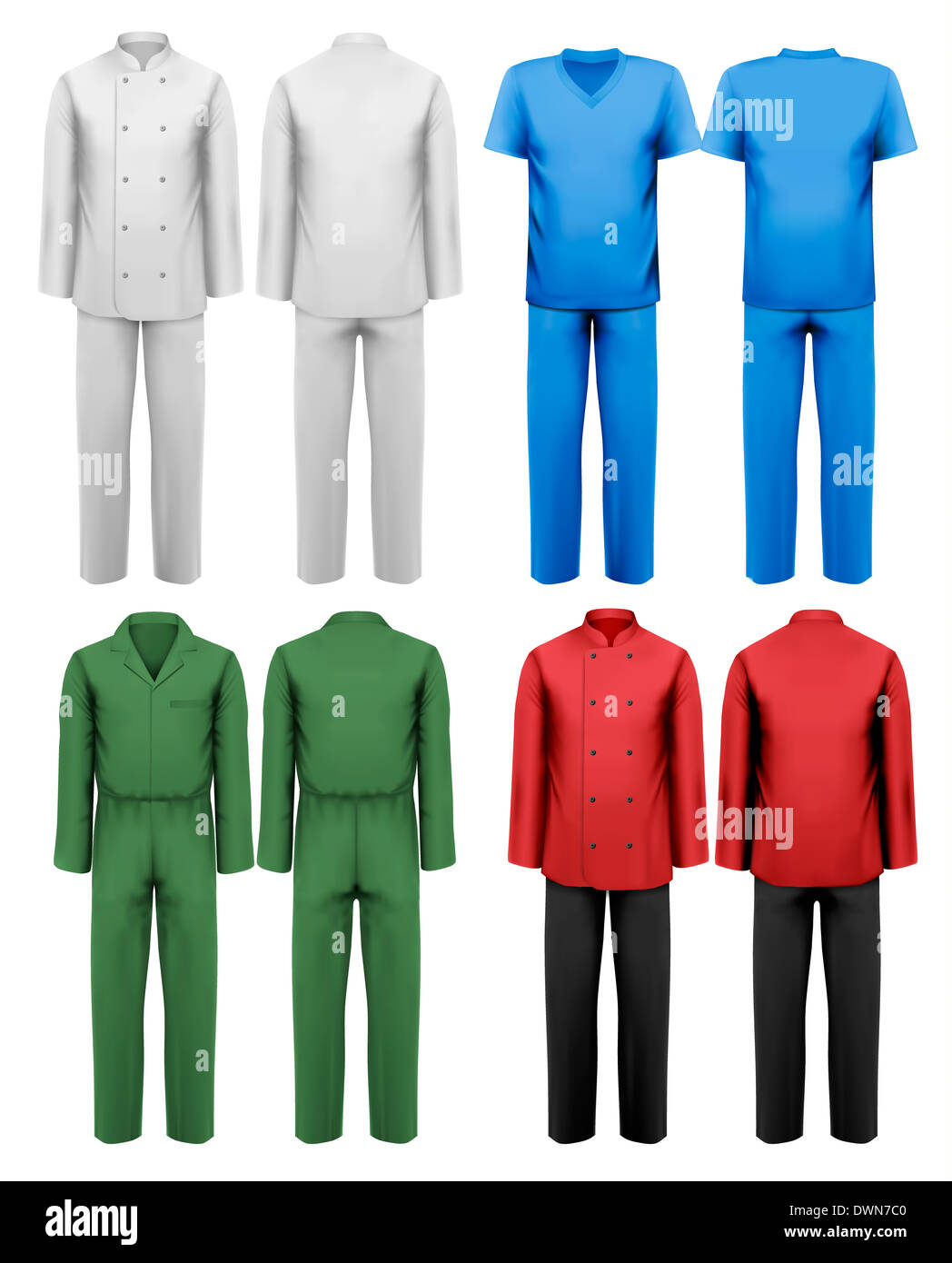 Set of white and colorful work clothes. Design template. Vector illustration. Stock Photo