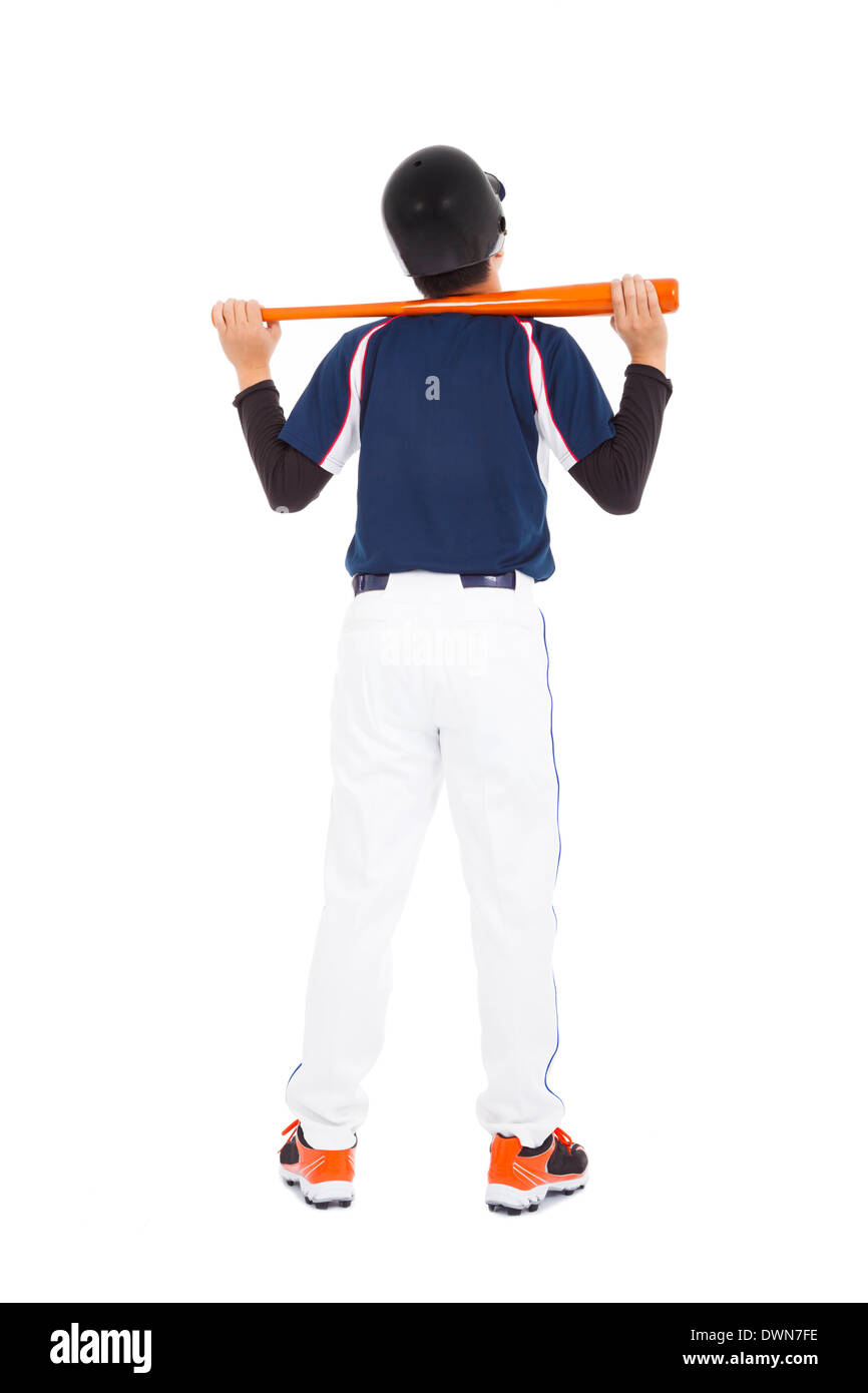 baseball player holding bat back to standing on white background in studio Stock Photo Alamy