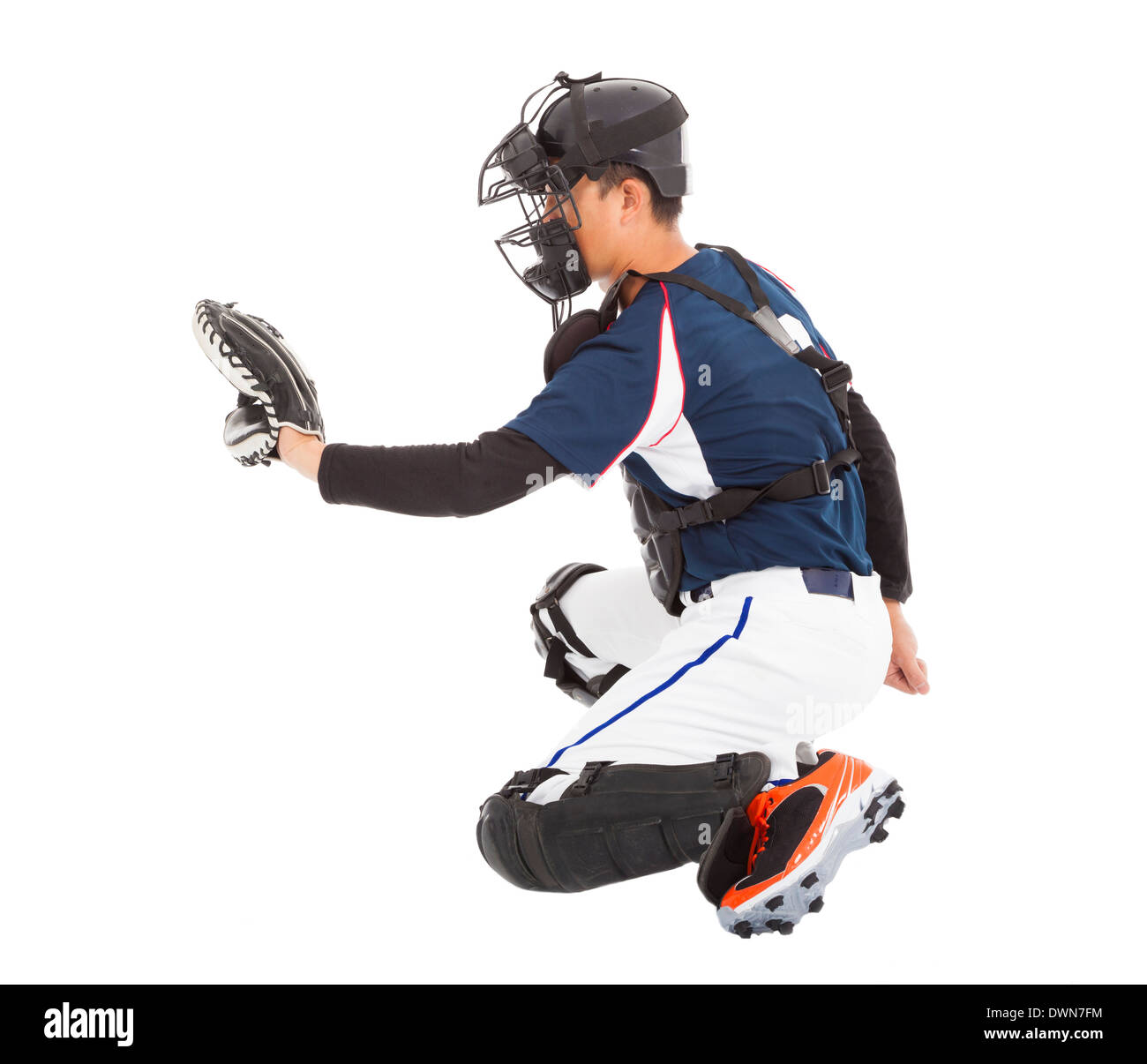 Baseball Player, Catcher,  kneeling gesture  to catching ball. sport concept Stock Photo
