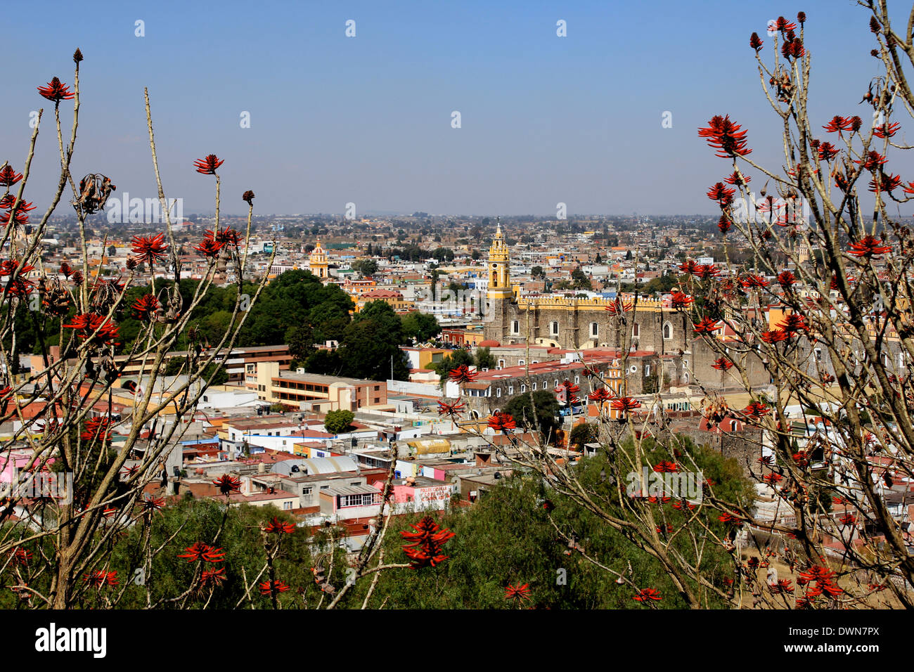 Looking down on the city of Cholula from the Great Pyramid, Puebla, Mexico Stock Photo