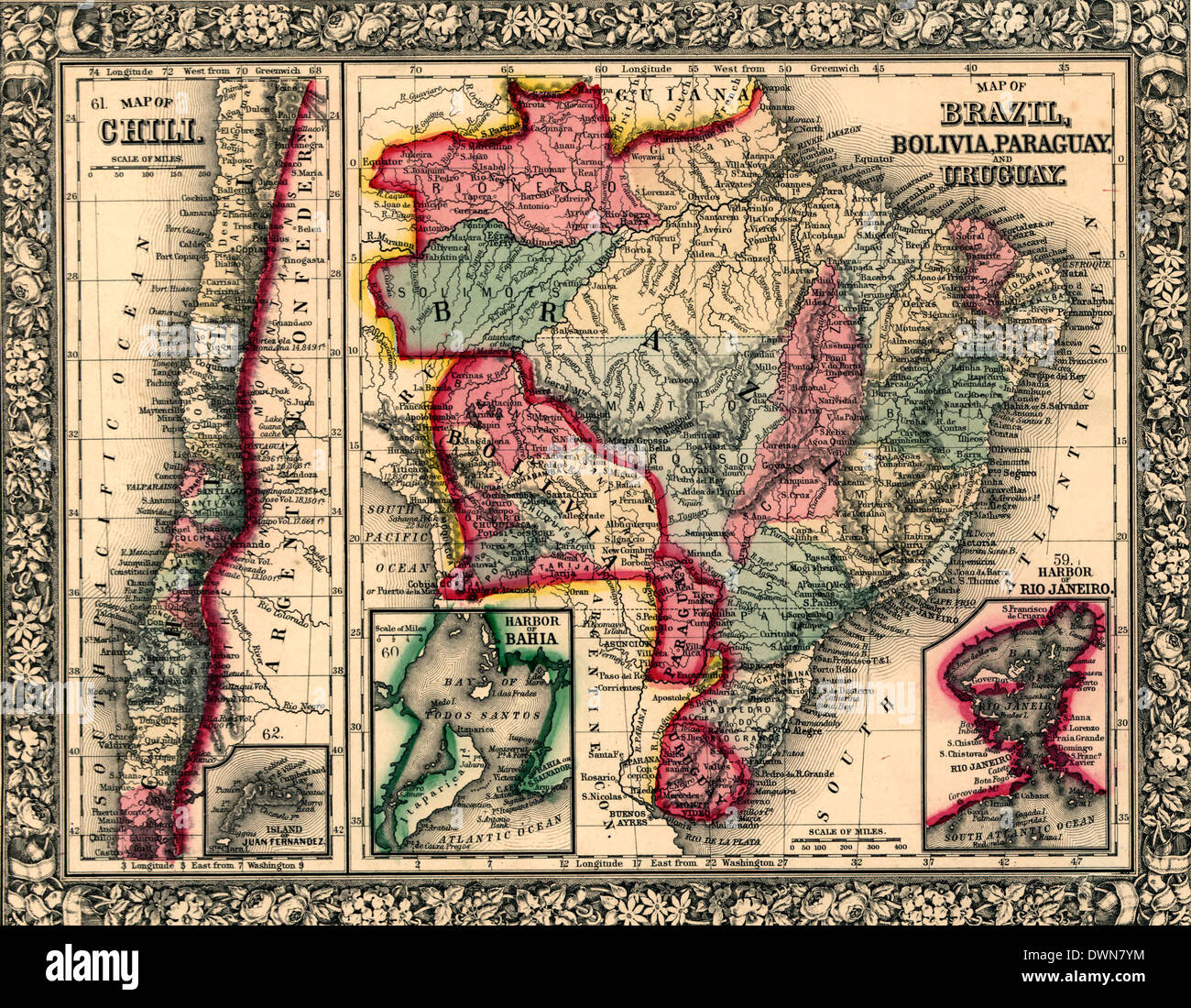 Maps Map of Brazil, Bolivia, Paraguay, and Uruguay ; Map of Chile, 1871 Stock Photo