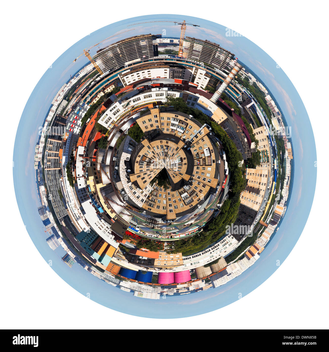 little planet - urban spherical panoramic view of residential area in Moscow isolated on white background Stock Photo