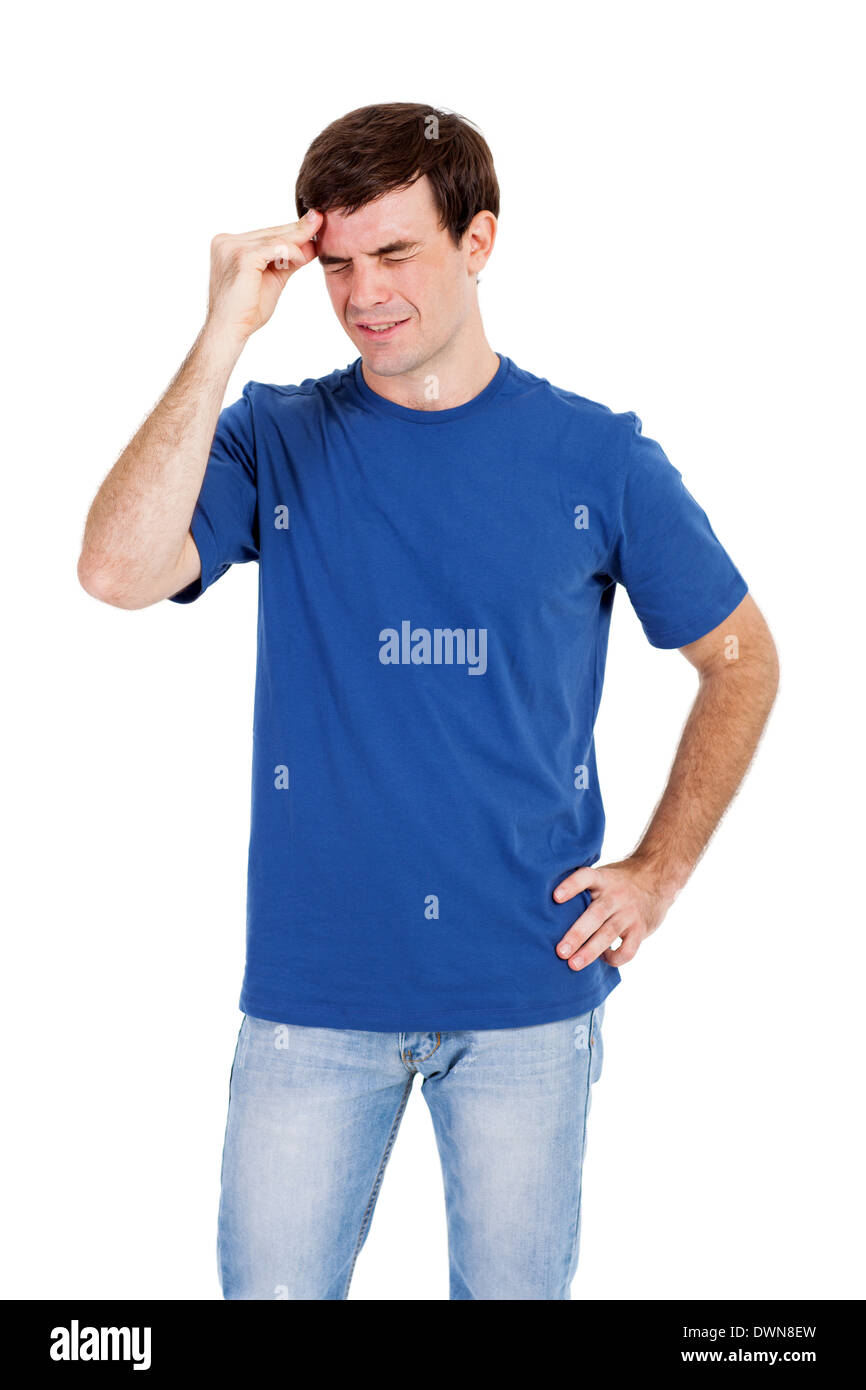 young man having headache, isolated on white background Stock Photo
