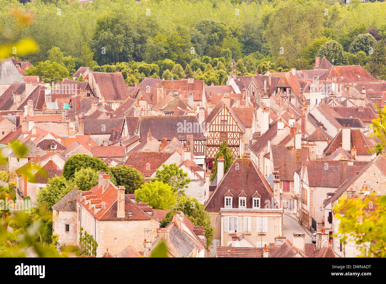 Looking down on the rooftops of Noyers sur Serein from the old chateau above the village, Yonne, Burgundy, France, Europe Stock Photo