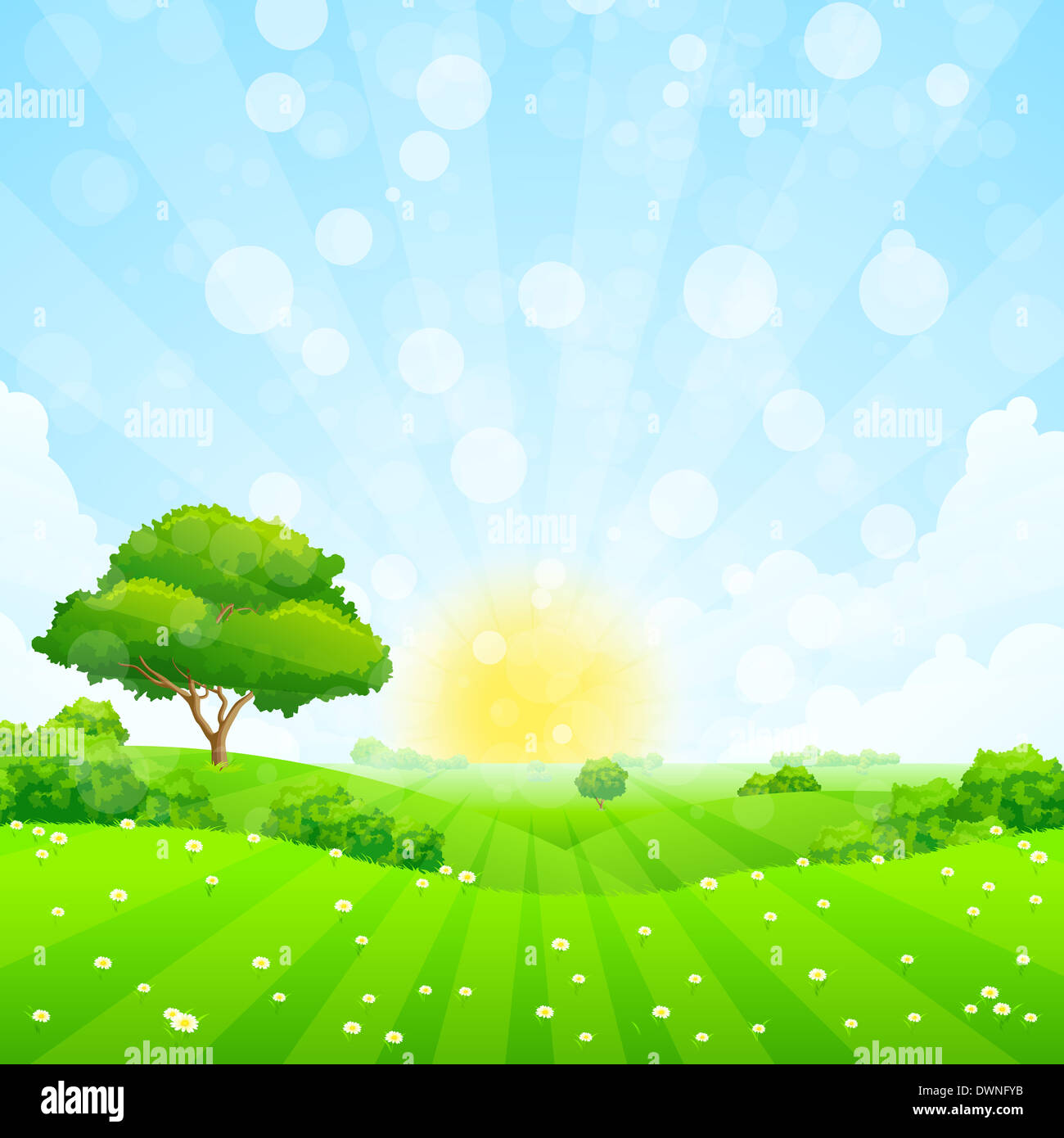 Green Landscape with Flowers Trees and Clouds Stock Photo - Alamy