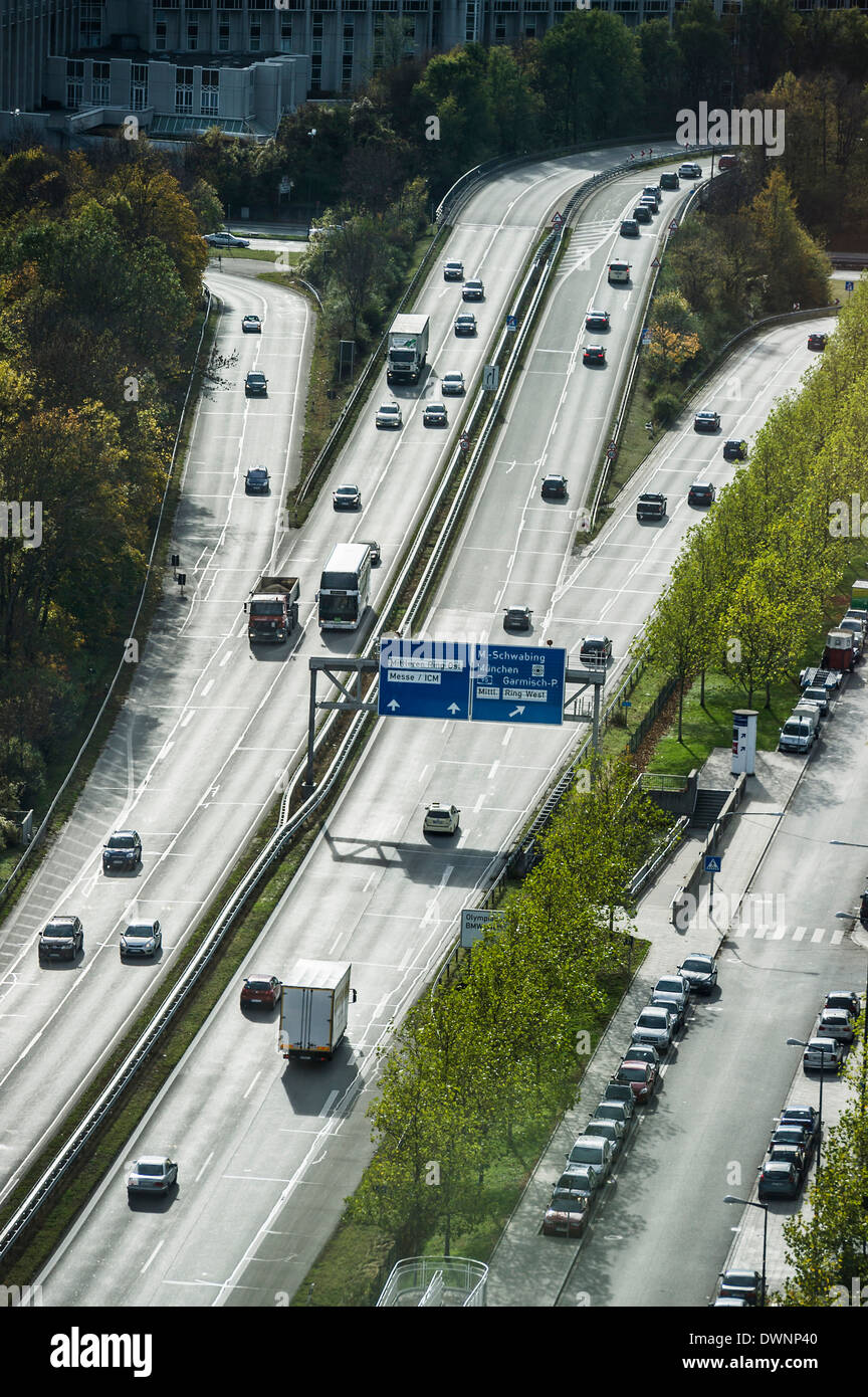 Aerial view, motorway near Schwabing, Munich, Germany Stock Photo