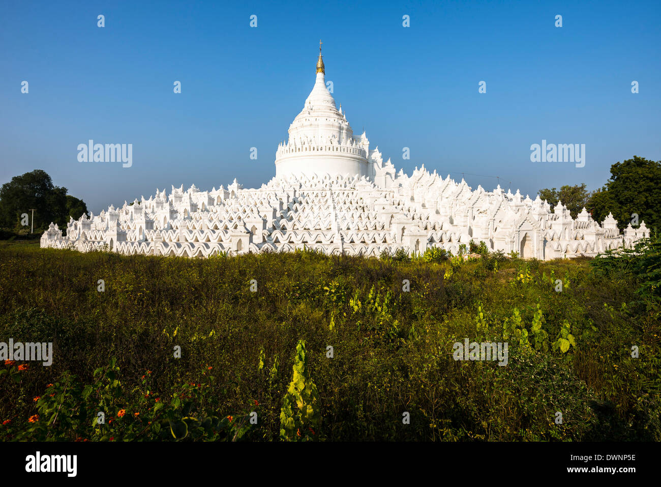 White Buddhist Hsinbyume Pagoda or Myatheindan Pagoda, Mingun, Sagaing Division, Myanmar Stock Photo