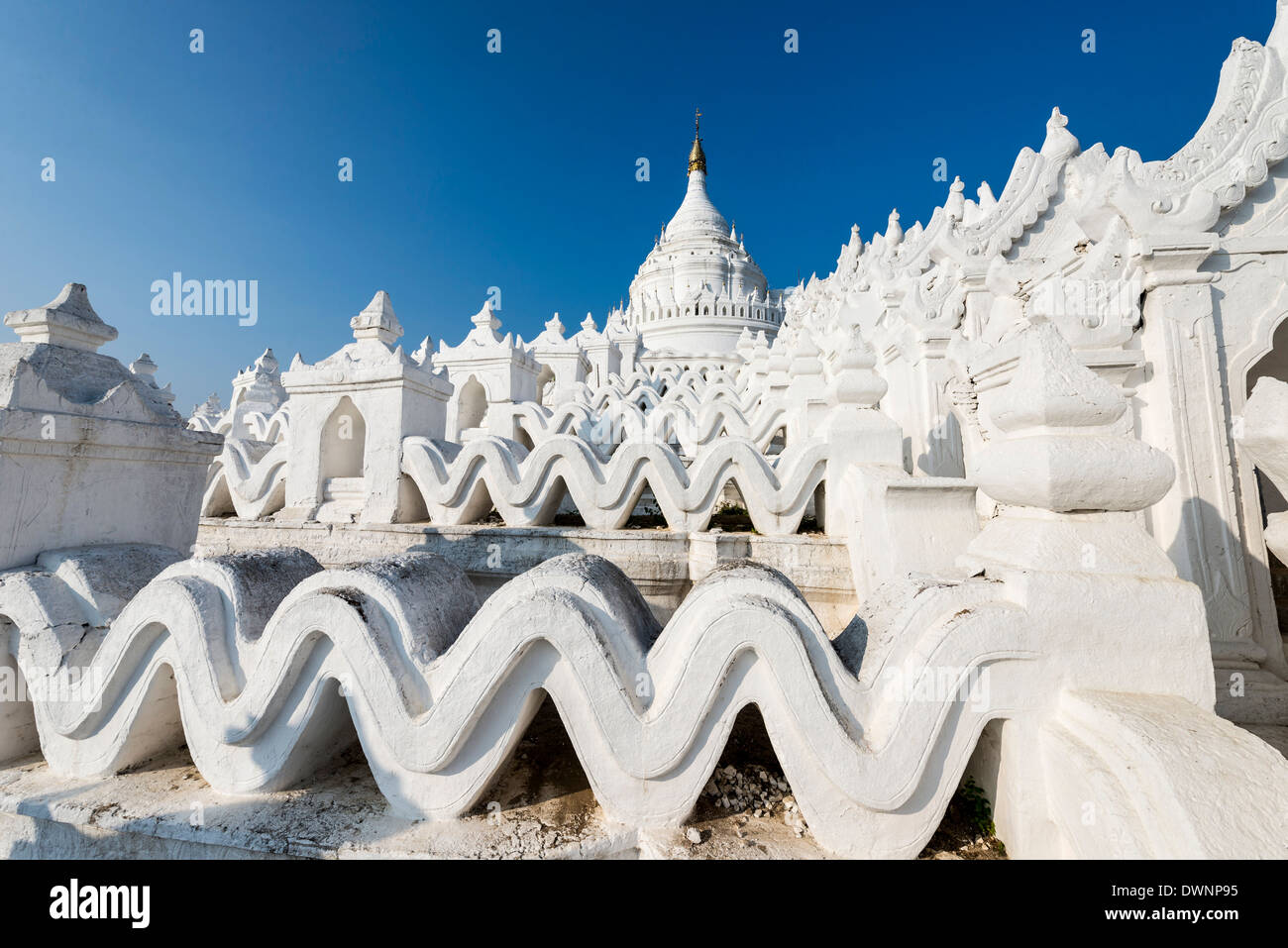 White Buddhist Hsinbyume Pagoda or Myatheindan Pagoda, Mingun, Sagaing Division, Myanmar Stock Photo