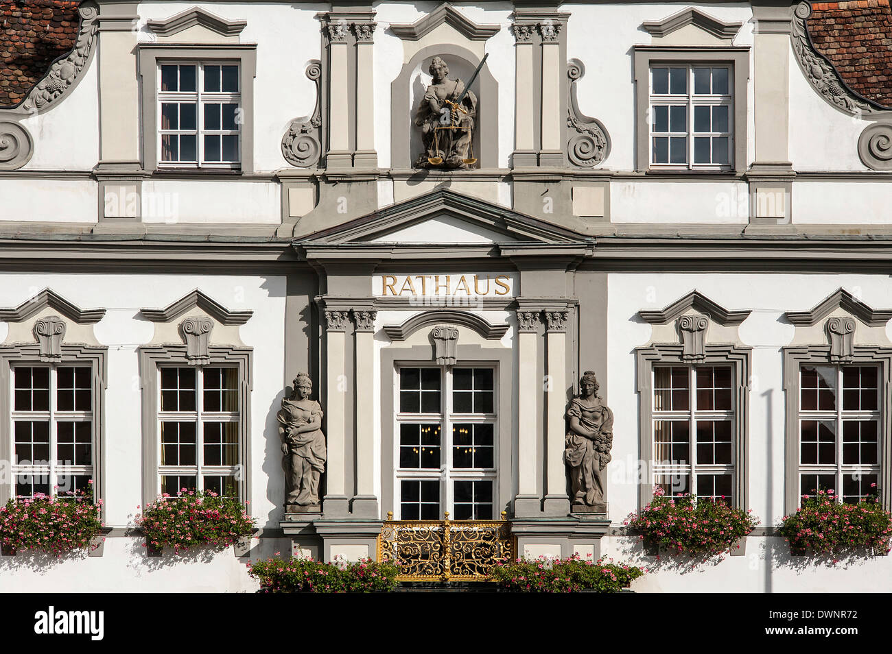 The baroque façade of the Town Hall, 1721, sculpture of Lady Justice at the top, Wangen, Allgäu, Bavaria, Germany. Stock Photo