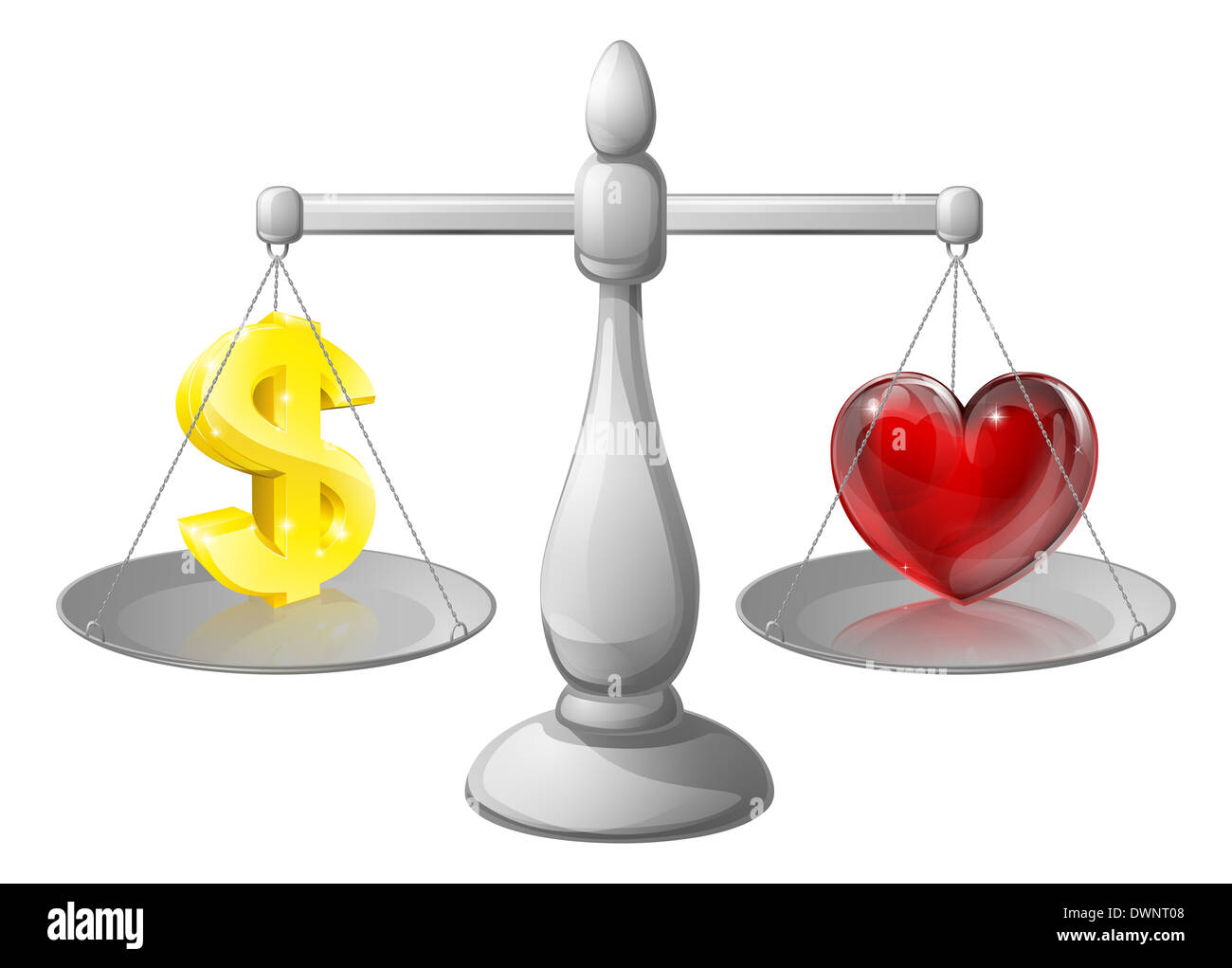 Love or money scales, scales with a dollar sign on one side and a heart