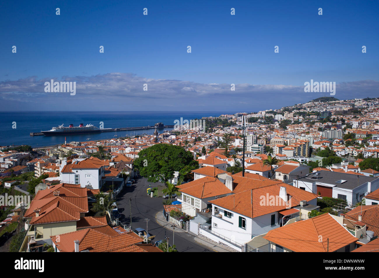 View of the town of Funchal, port at the back, Madeira, Portugal Stock Photo