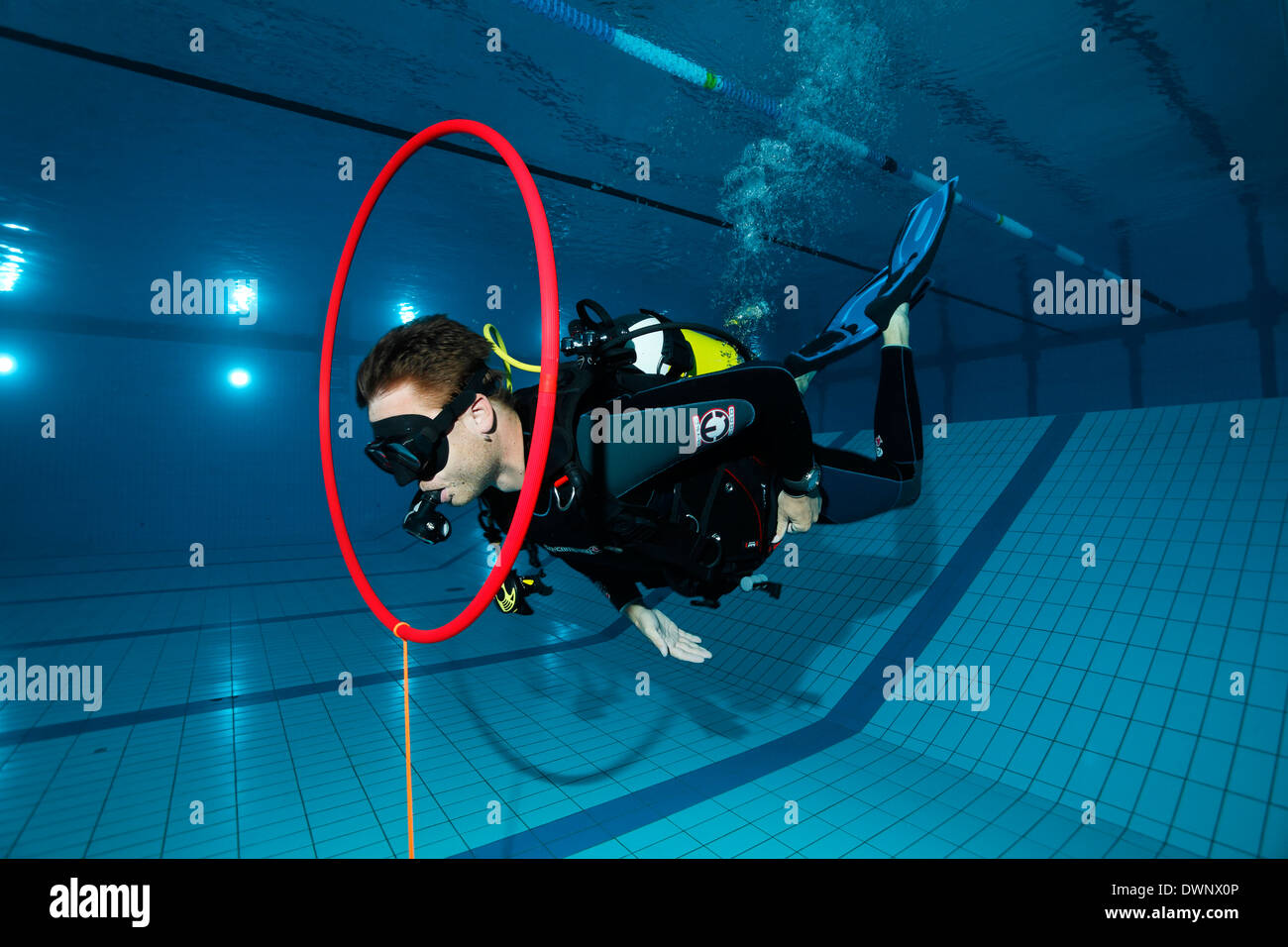 Dive training, scuba diver in a swimming pool, Nuremberg, Bavaria, Germany Stock Photo